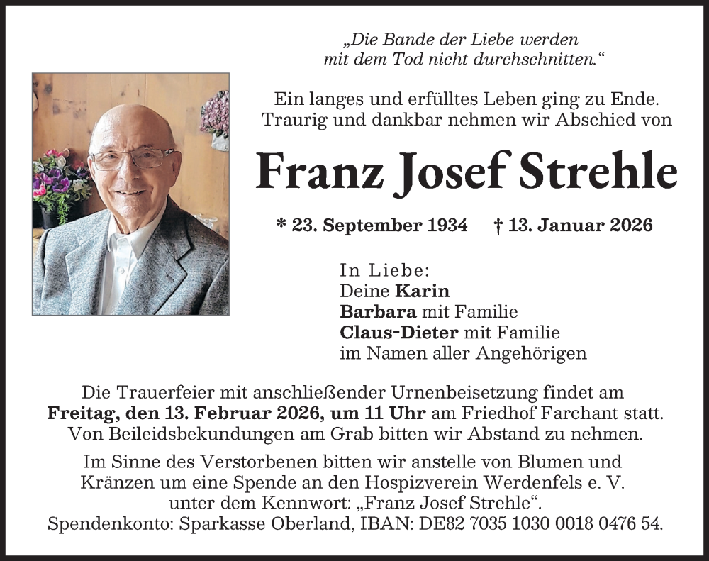  Traueranzeige für Franz Josef Strehle vom 07.02.2026 aus Günzburger Zeitung