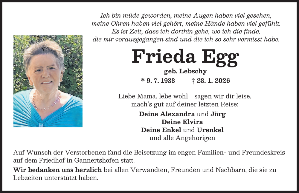  Traueranzeige für Frieda Egg vom 13.02.2026 aus Illertisser Zeitung