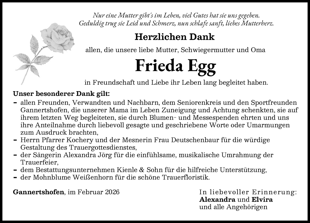 Traueranzeige von Frieda Egg von Neu-Ulmer Zeitung, Illertisser Zeitung