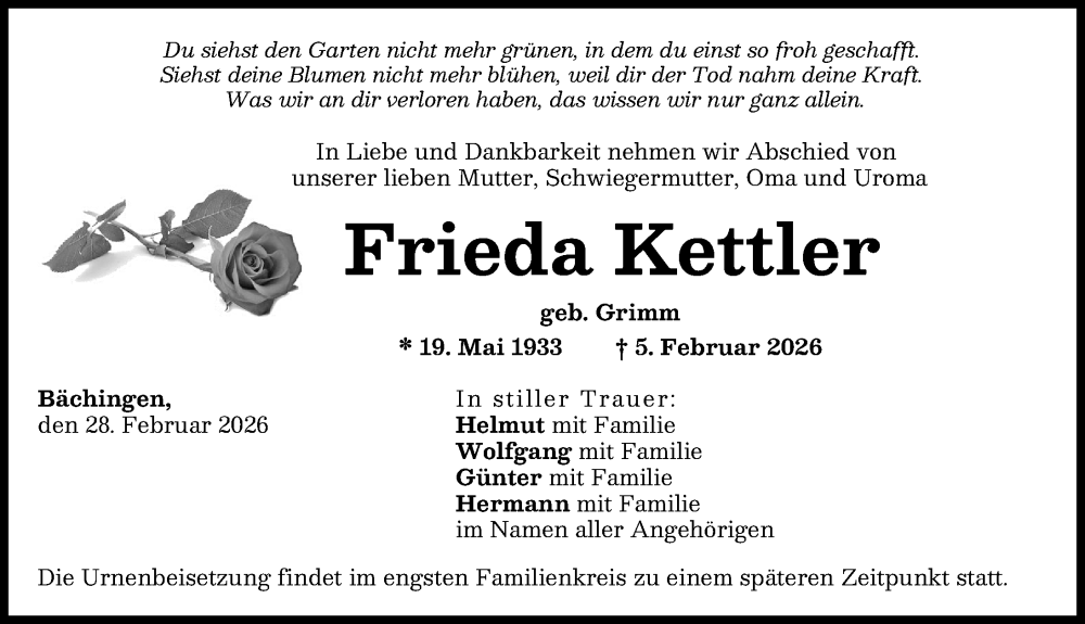 Traueranzeige für Frieda Kettler vom 28.02.2026 aus Donau Zeitung