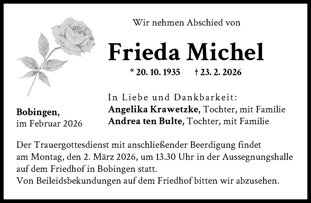Traueranzeige von Frieda Michel von Schwabmünchner Allgemeine
