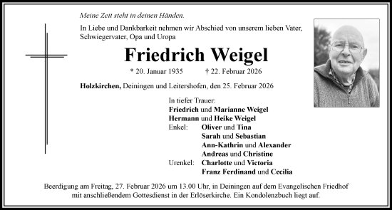 Traueranzeige von Friedrich Weigel von Rieser Nachrichten