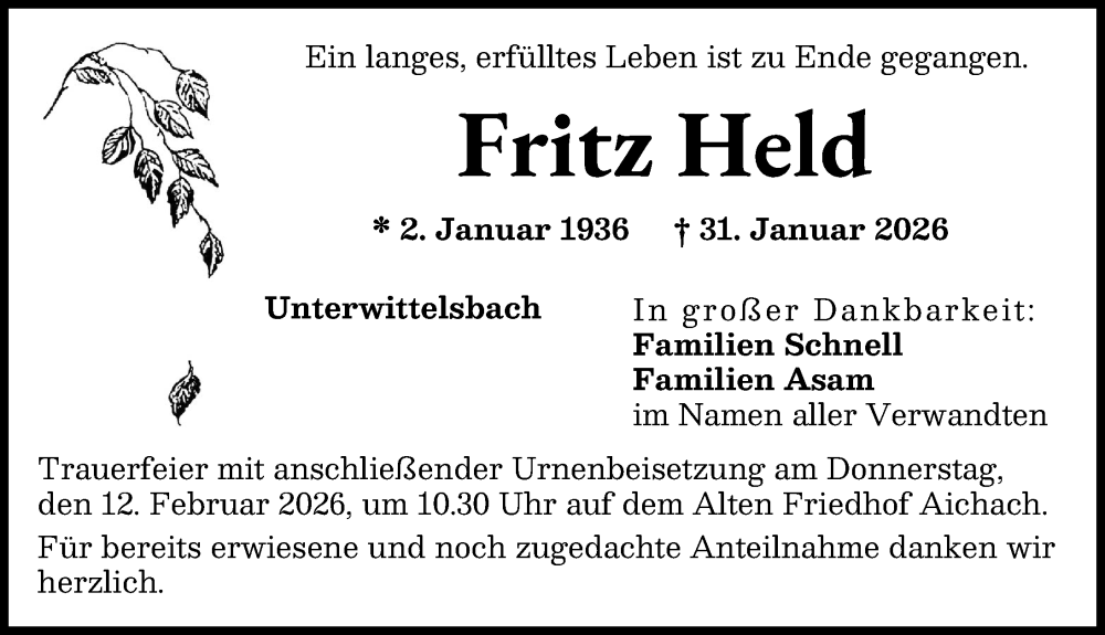  Traueranzeige für Fritz Held vom 07.02.2026 aus Aichacher Nachrichten