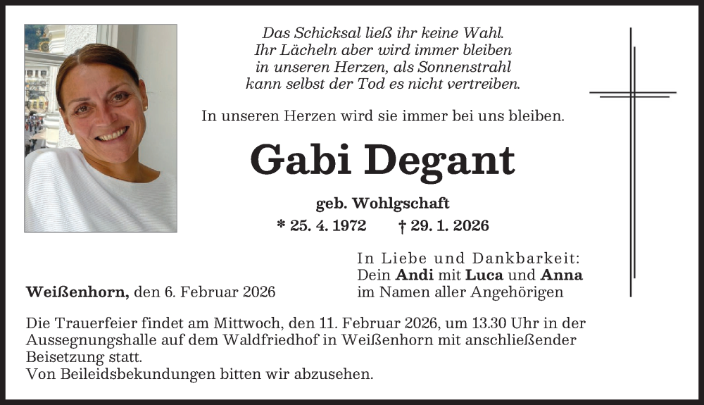  Traueranzeige für Gabi Degant vom 06.02.2026 aus Neu-Ulmer Zeitung