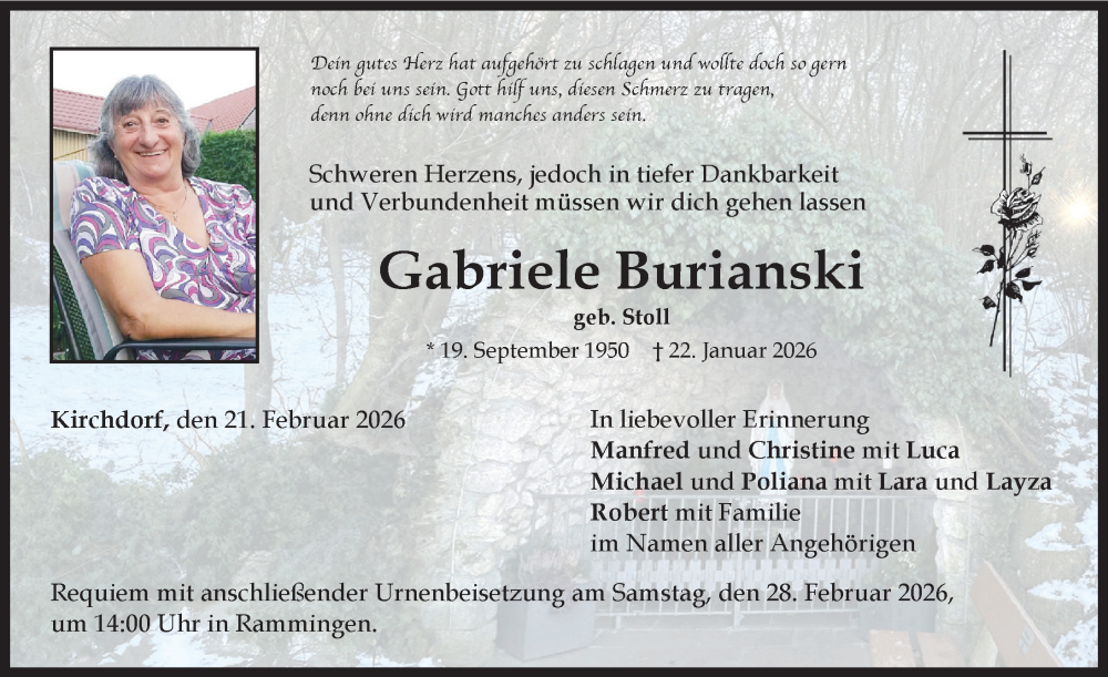  Traueranzeige für Gabriele Burianski vom 21.02.2026 aus Mindelheimer Zeitung