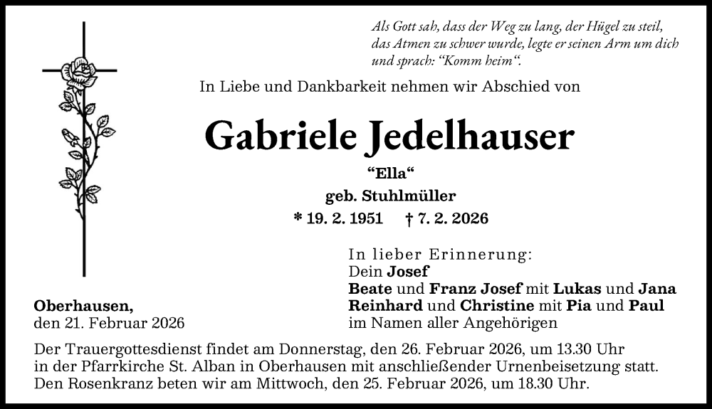  Traueranzeige für Gabriele Jedelhauser vom 21.02.2026 aus Neu-Ulmer Zeitung