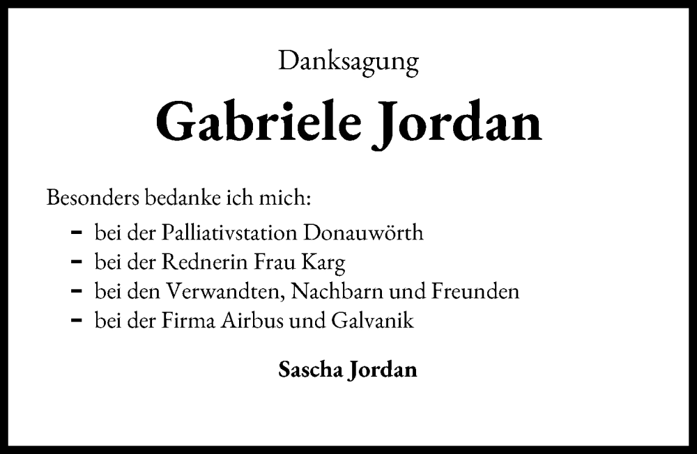 Traueranzeige von Gabriele Jordan von Donauwörther Zeitung