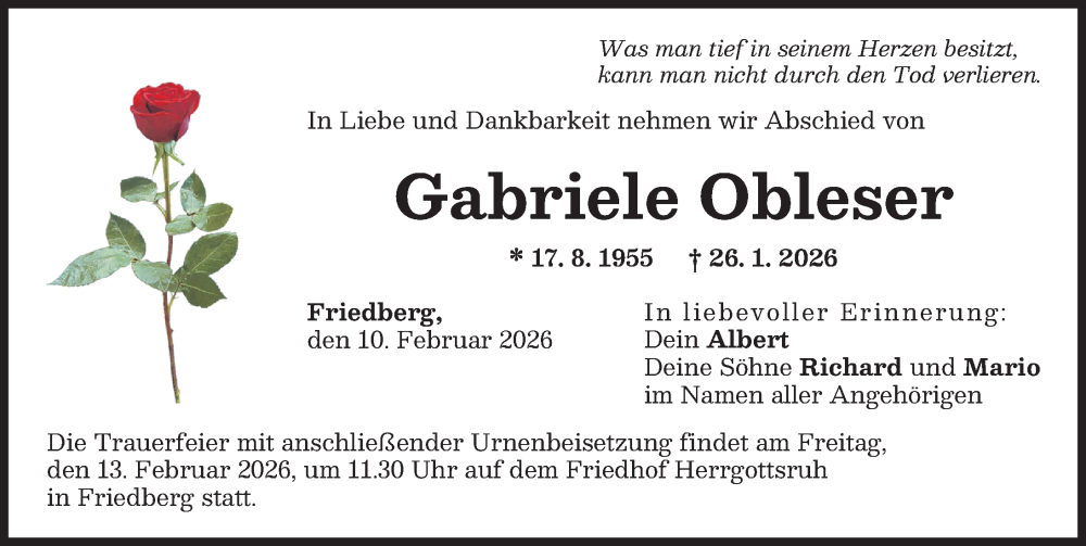  Traueranzeige für Gabriele Obleser vom 10.02.2026 aus Friedberger Allgemeine