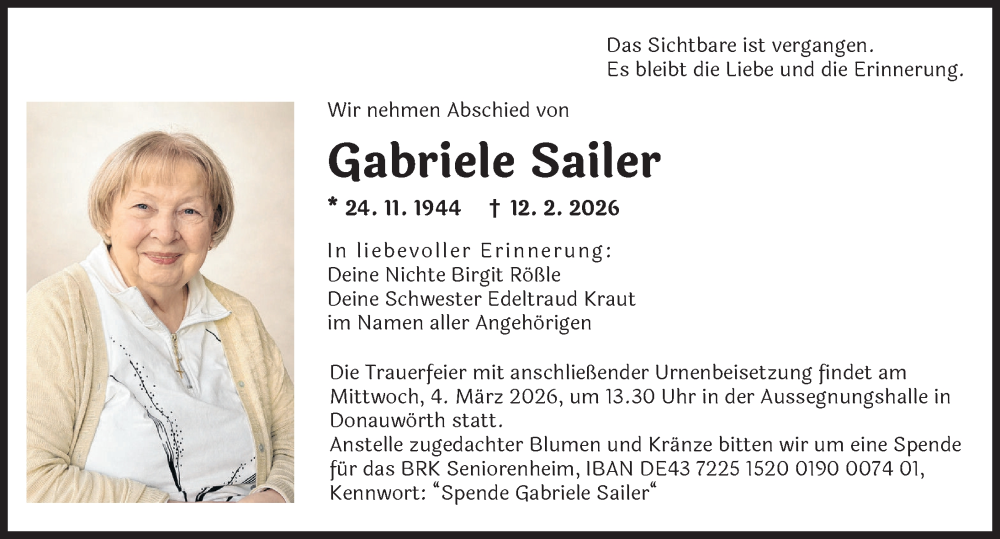  Traueranzeige für Gabriele Sailer vom 28.02.2026 aus Donauwörther Zeitung