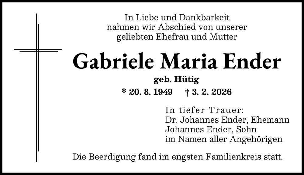  Traueranzeige für Gabriele Maria Ender vom 21.02.2026 aus Augsburger Allgemeine