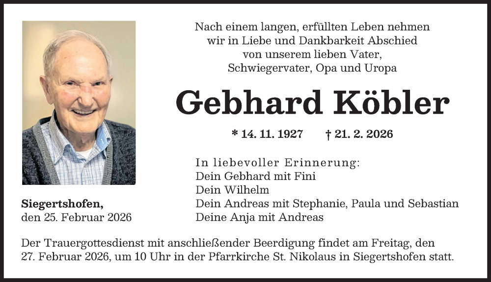  Traueranzeige für Gebhard Köbler vom 25.02.2026 aus Augsburger Allgemeine