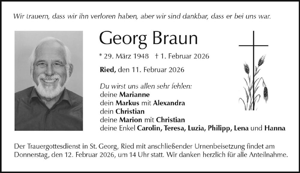  Traueranzeige für Georg Braun vom 11.02.2026 aus Neuburger Rundschau