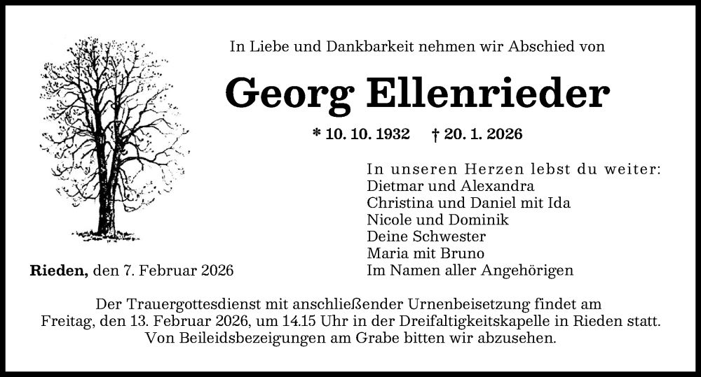  Traueranzeige für Georg Ellenrieder vom 07.02.2026 aus Günzburger Zeitung