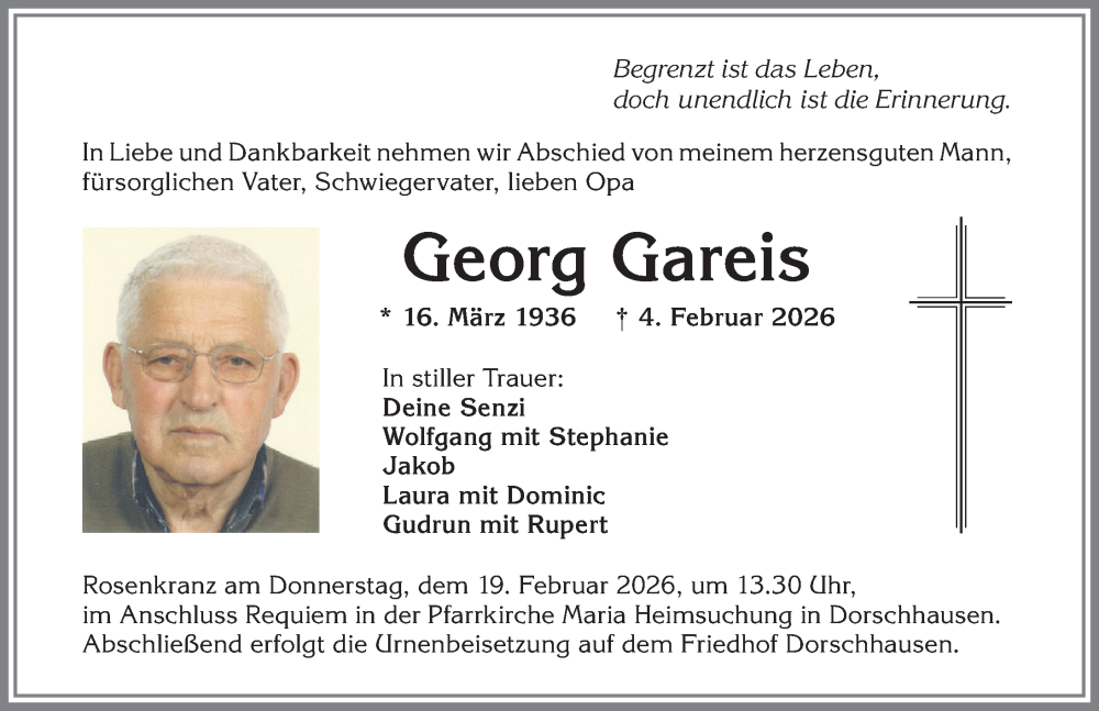  Traueranzeige für Georg Gareis vom 14.02.2026 aus Mindelheimer Zeitung