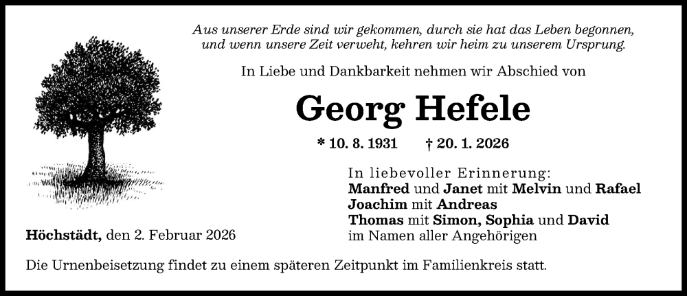  Traueranzeige für Georg Hefele vom 02.02.2026 aus Donau Zeitung