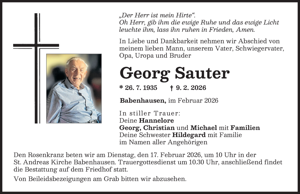  Traueranzeige für Georg Sauter vom 14.02.2026 aus Illertisser Zeitung