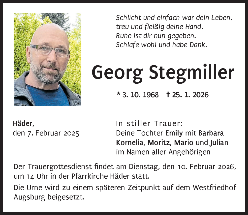  Traueranzeige für Georg Stegmiller vom 07.02.2026 aus Augsburg-Land