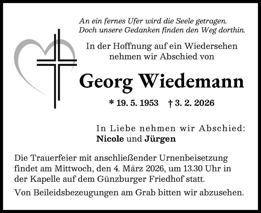  Traueranzeige für Georg Wiedemann vom 28.02.2026 aus Günzburger Zeitung
