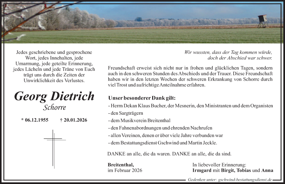  Traueranzeige für Georg Dietrich Schorre vom 14.02.2026 aus Mittelschwäbische Nachrichten