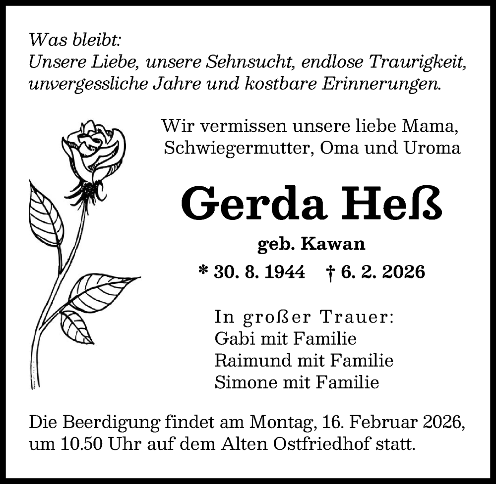  Traueranzeige für Gerda Heß vom 14.02.2026 aus Augsburger Allgemeine