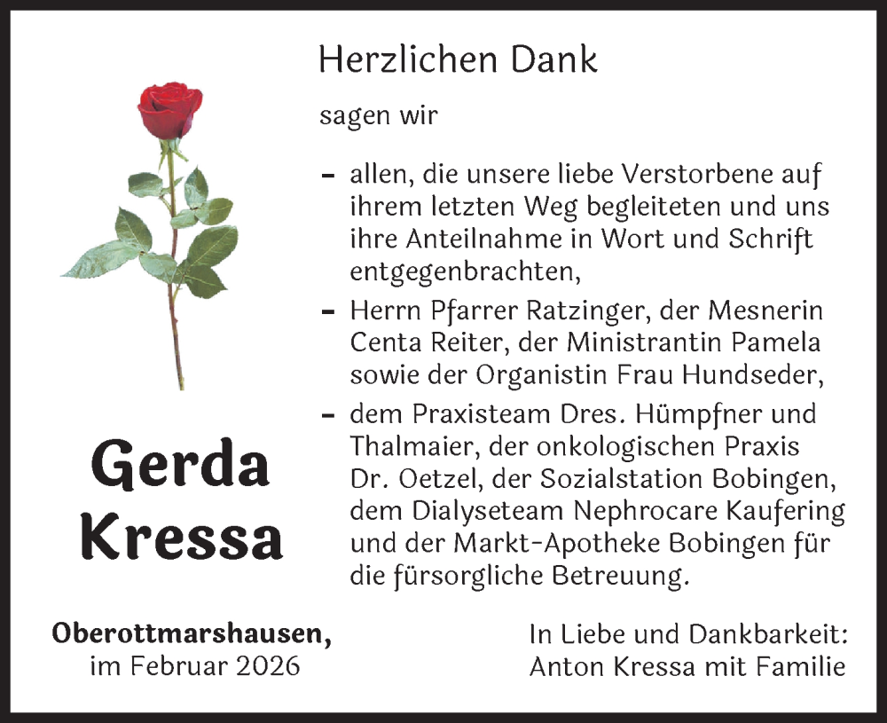  Traueranzeige für Gerda Kressa vom 21.02.2026 aus Augsburger Allgemeine