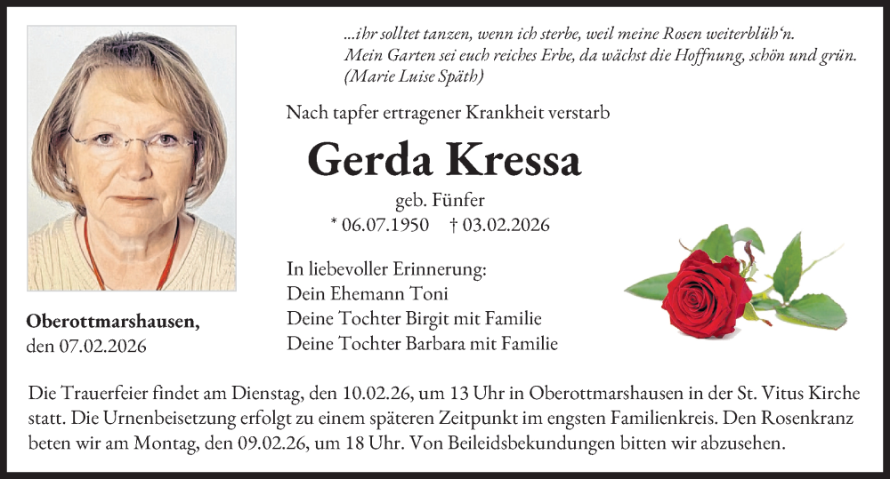  Traueranzeige für Gerda Kressa vom 07.02.2026 aus Augsburger Allgemeine, Schwabmünchner Allgemeine