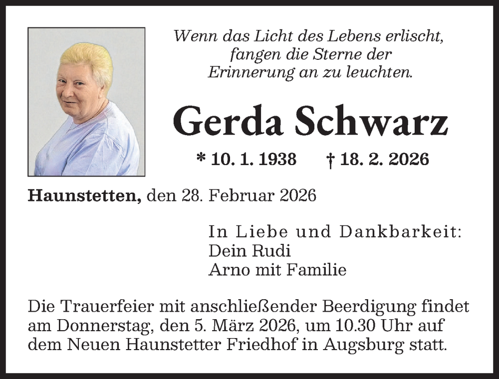  Traueranzeige für Gerda Schwarz vom 28.02.2026 aus Augsburger Allgemeine