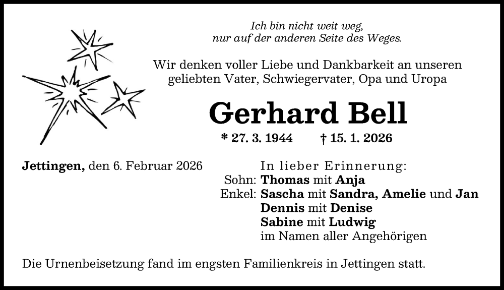  Traueranzeige für Gerhard Bell vom 06.02.2026 aus Günzburger Zeitung