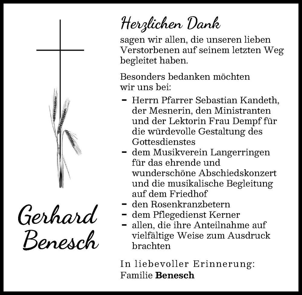  Traueranzeige für Gerhard Benesch vom 21.02.2026 aus Schwabmünchner Allgemeine