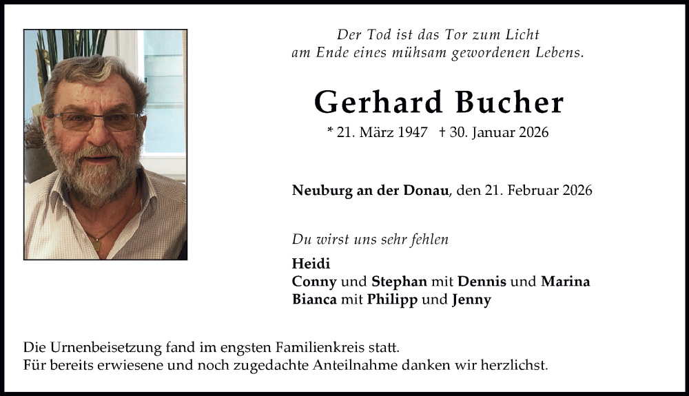  Traueranzeige für Gerhard Bucher vom 21.02.2026 aus Neuburger Rundschau