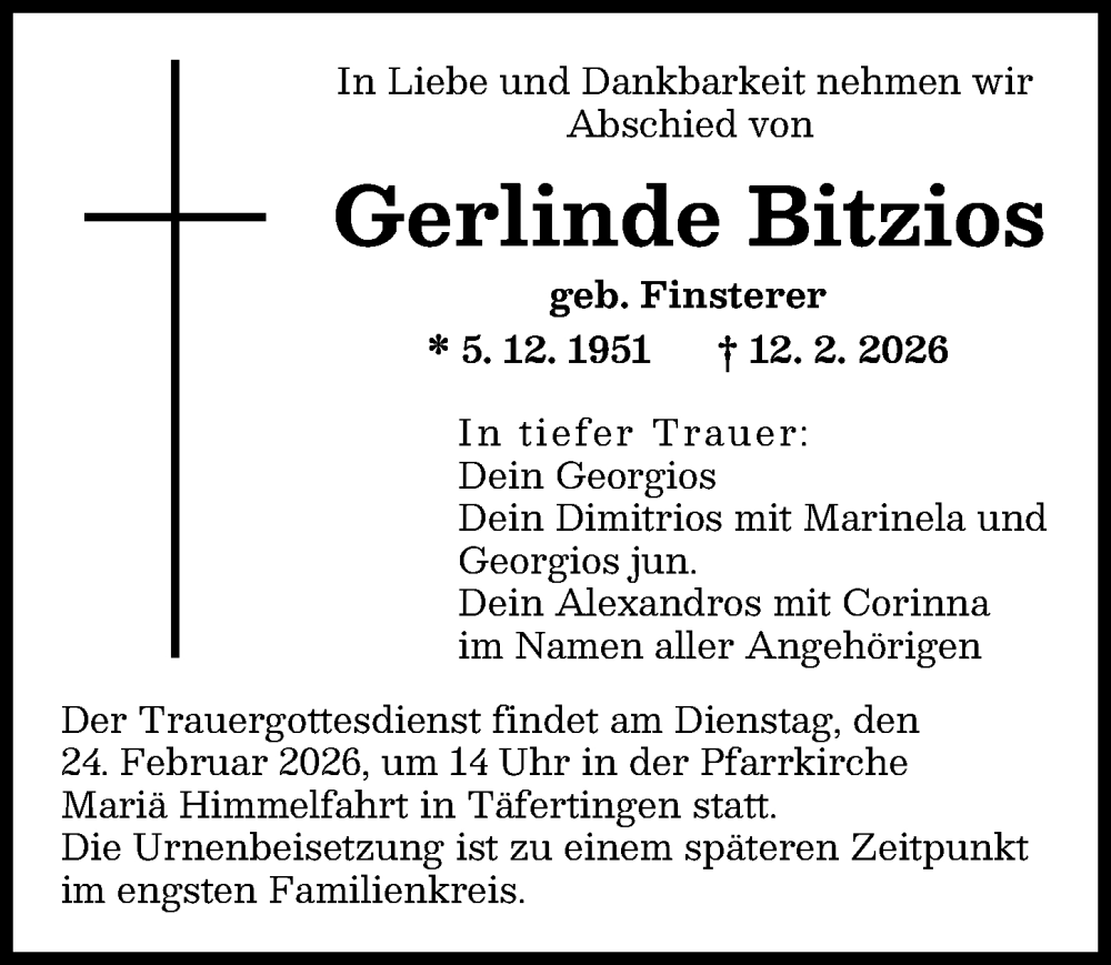  Traueranzeige für Gerlinde Bitzios vom 21.02.2026 aus Augsburger Allgemeine