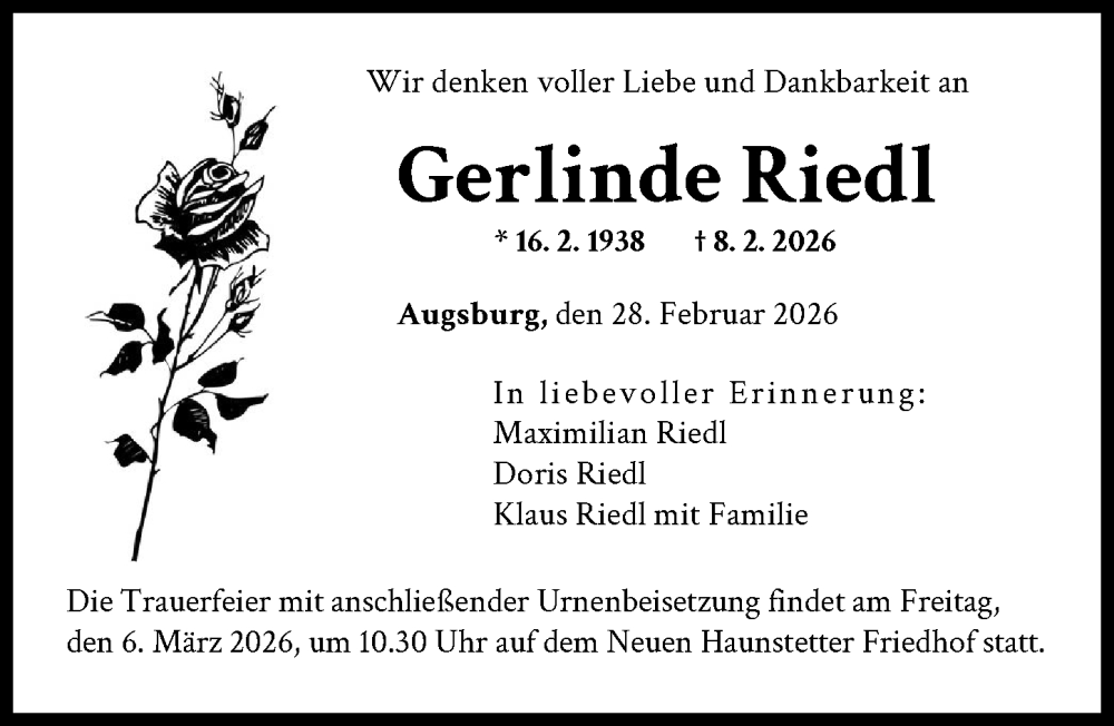  Traueranzeige für Gerlinde Riedl vom 28.02.2026 aus Augsburger Allgemeine