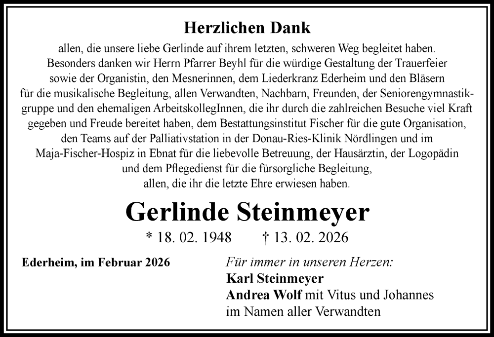 Traueranzeige von Gerlinde Steinmeyer von Rieser Nachrichten