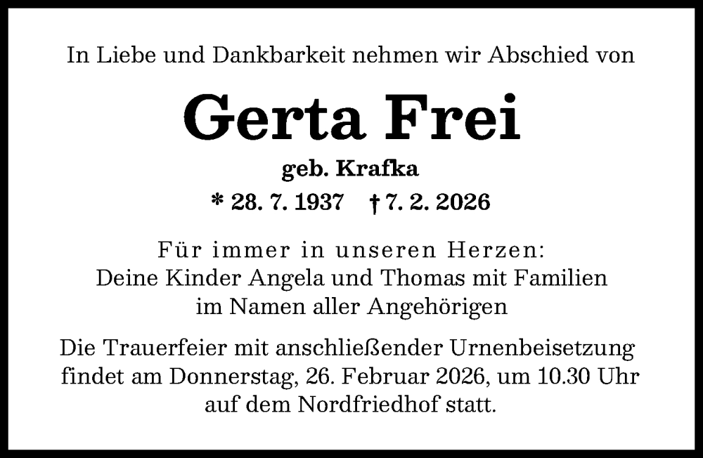 Traueranzeige für Gerta Frei vom 21.02.2026 aus Augsburger Allgemeine