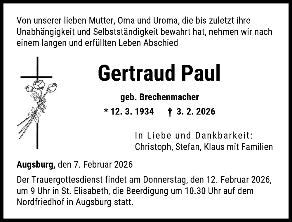  Traueranzeige für Gertraud Paul vom 07.02.2026 aus Augsburger Allgemeine
