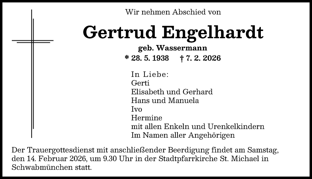 Traueranzeige von Gertrud Engelhardt von Augsburger Allgemeine, Schwabmünchner Allgemeine