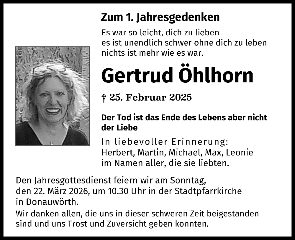 Traueranzeige für Gertrud Öhlhorn vom 25.02.2026 aus Donauwörther Zeitung