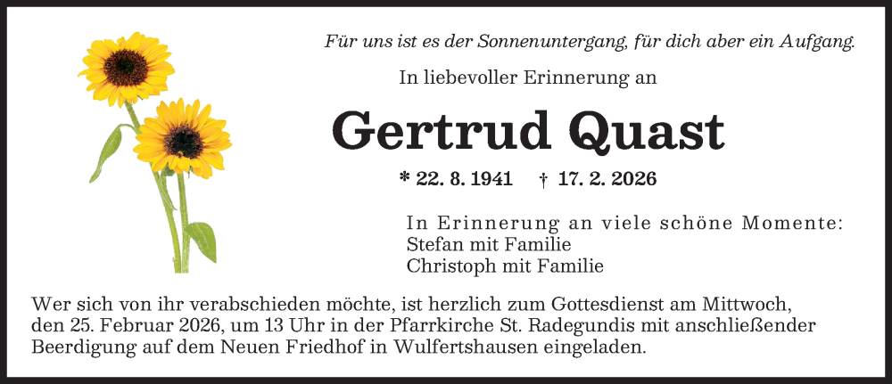  Traueranzeige für Gertrud Quast vom 21.02.2026 aus Augsburger Allgemeine