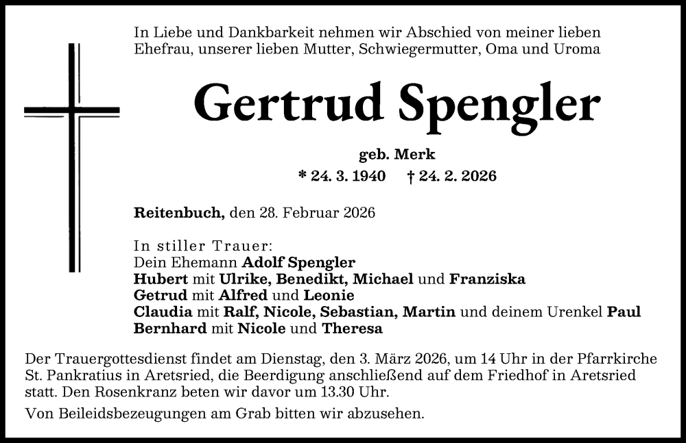 Traueranzeige von Gertrud Spengler von Augsburg-Land