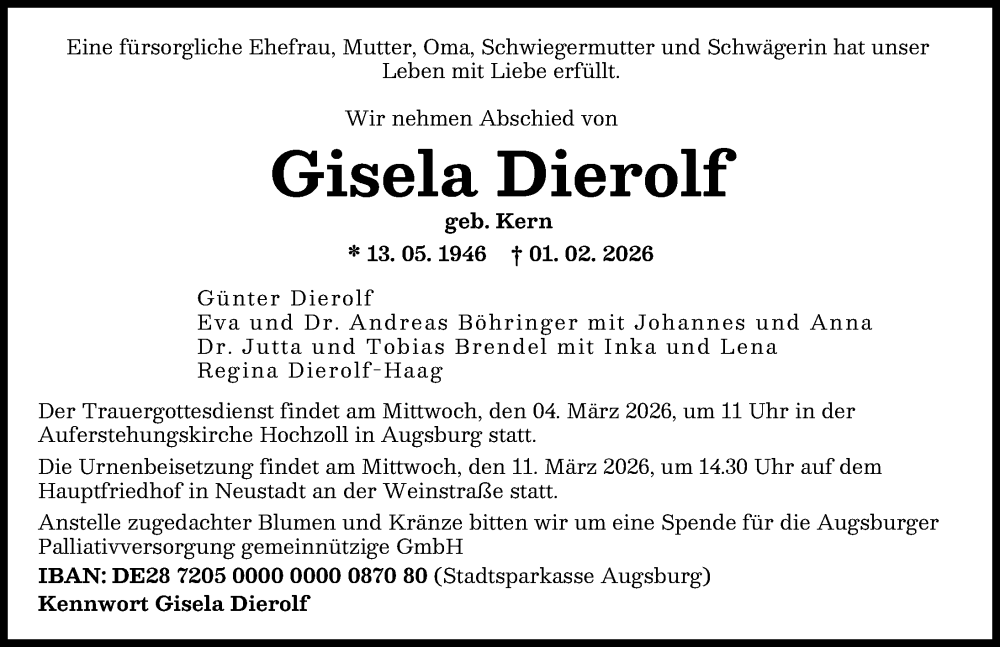  Traueranzeige für Gisela Dierolf vom 28.02.2026 aus Augsburger Allgemeine