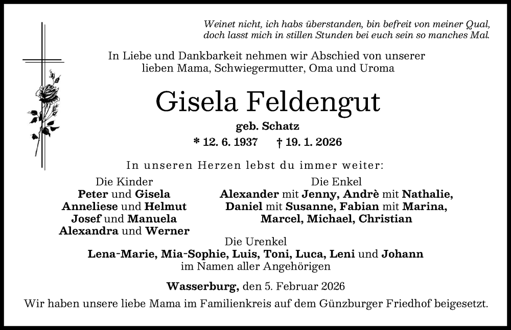  Traueranzeige für Gisela Feldengut vom 05.02.2026 aus Günzburger Zeitung