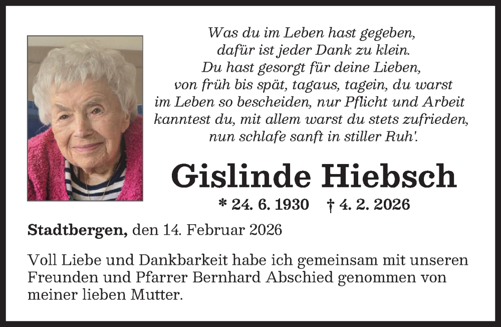  Traueranzeige für Gislinde Hiebsch vom 14.02.2026 aus Augsburger Allgemeine