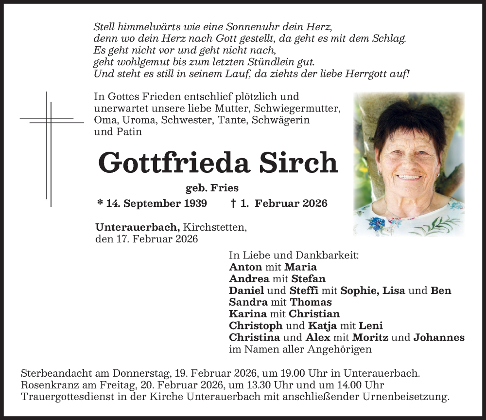  Traueranzeige für Gottfrieda Sirch vom 17.02.2026 aus Mindelheimer Zeitung