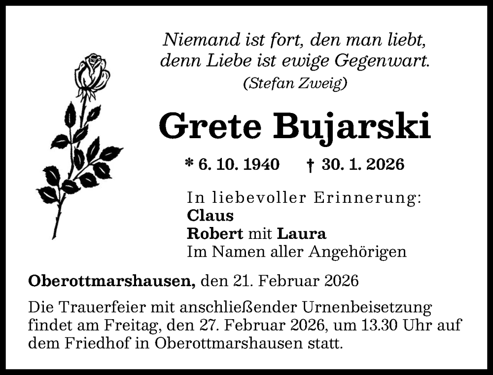  Traueranzeige für Grete Bujarski vom 21.02.2026 aus Schwabmünchner Allgemeine