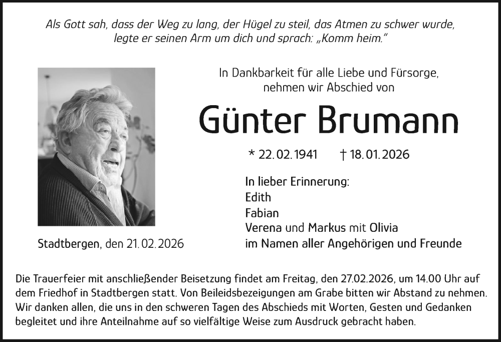  Traueranzeige für Günter Brumann vom 21.02.2026 aus Augsburger Allgemeine