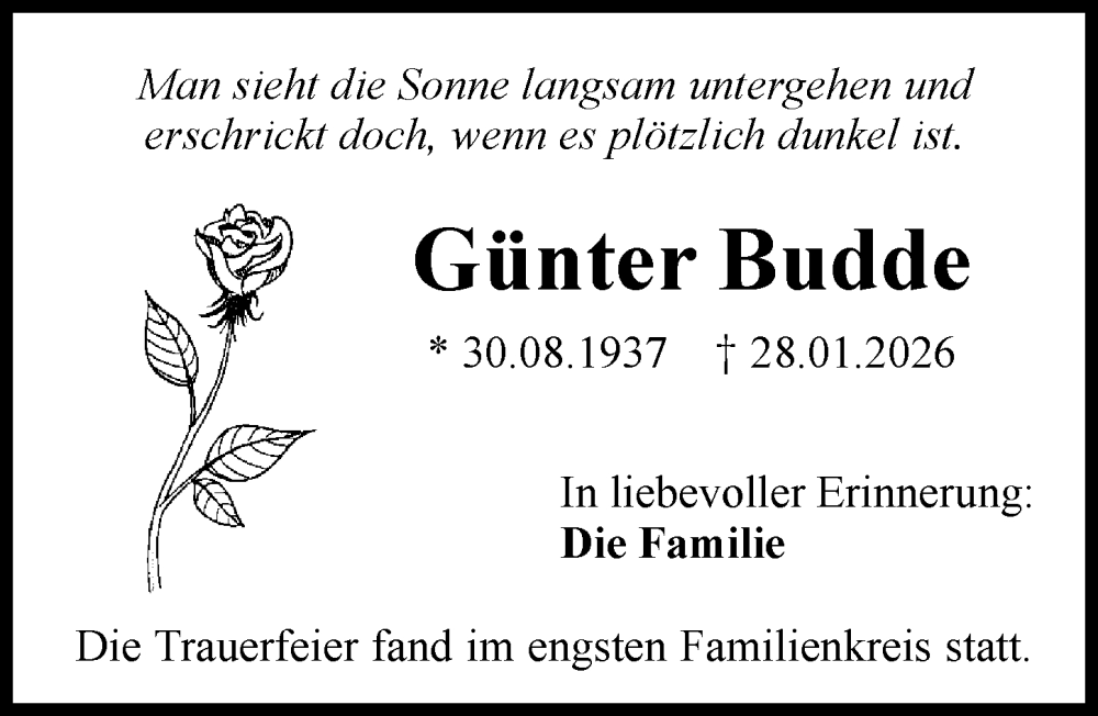 Traueranzeige für Günter Budde vom 07.02.2026 aus Illertisser Zeitung