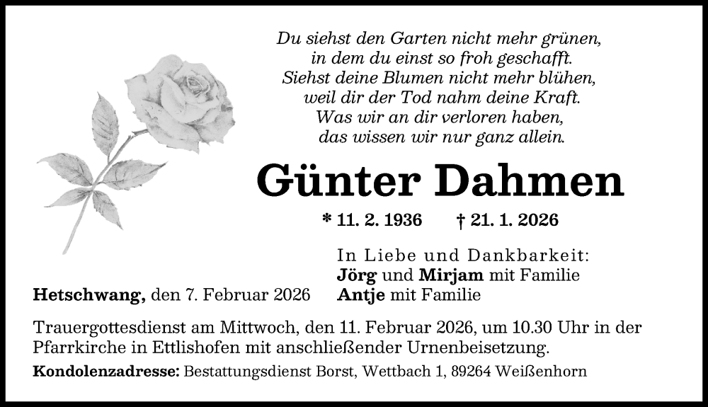  Traueranzeige für Günter Dahmen vom 07.02.2026 aus Günzburger Zeitung