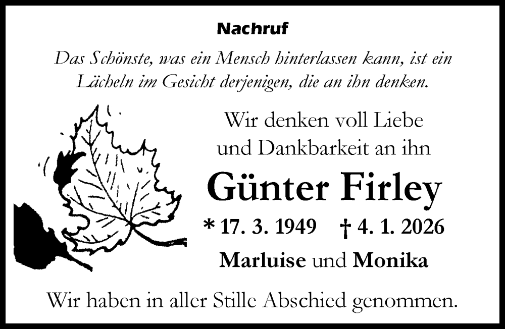  Traueranzeige für Günter Firley vom 04.02.2026 aus Augsburger Allgemeine