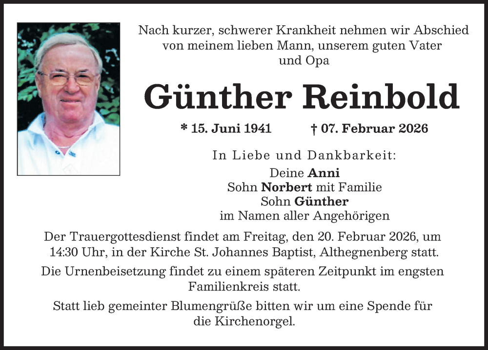  Traueranzeige für Günther Reinbold vom 14.02.2026 aus Friedberger Allgemeine