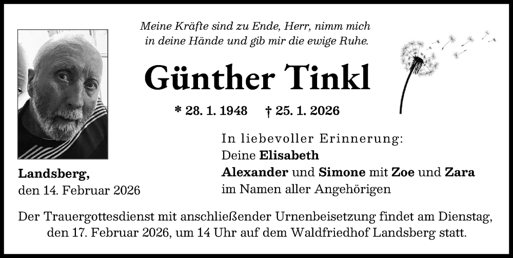  Traueranzeige für Günther Tinkl vom 14.02.2026 aus Landsberger Tagblatt